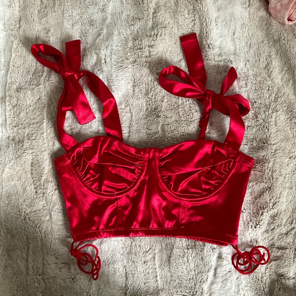 Red Satin Crop Top with Bow Straps